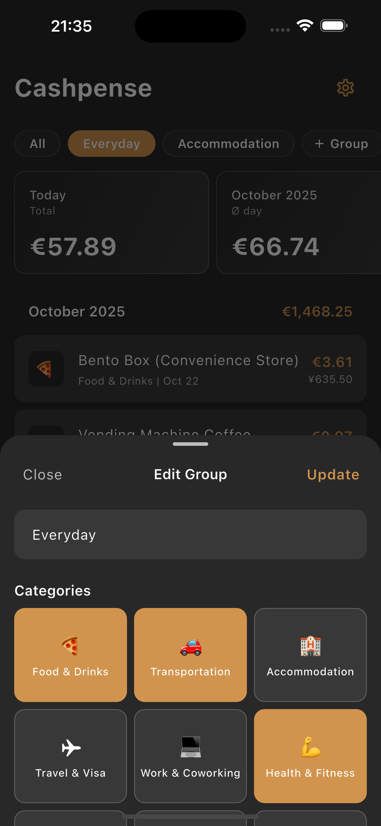 Cashpense category breakdown by currency
