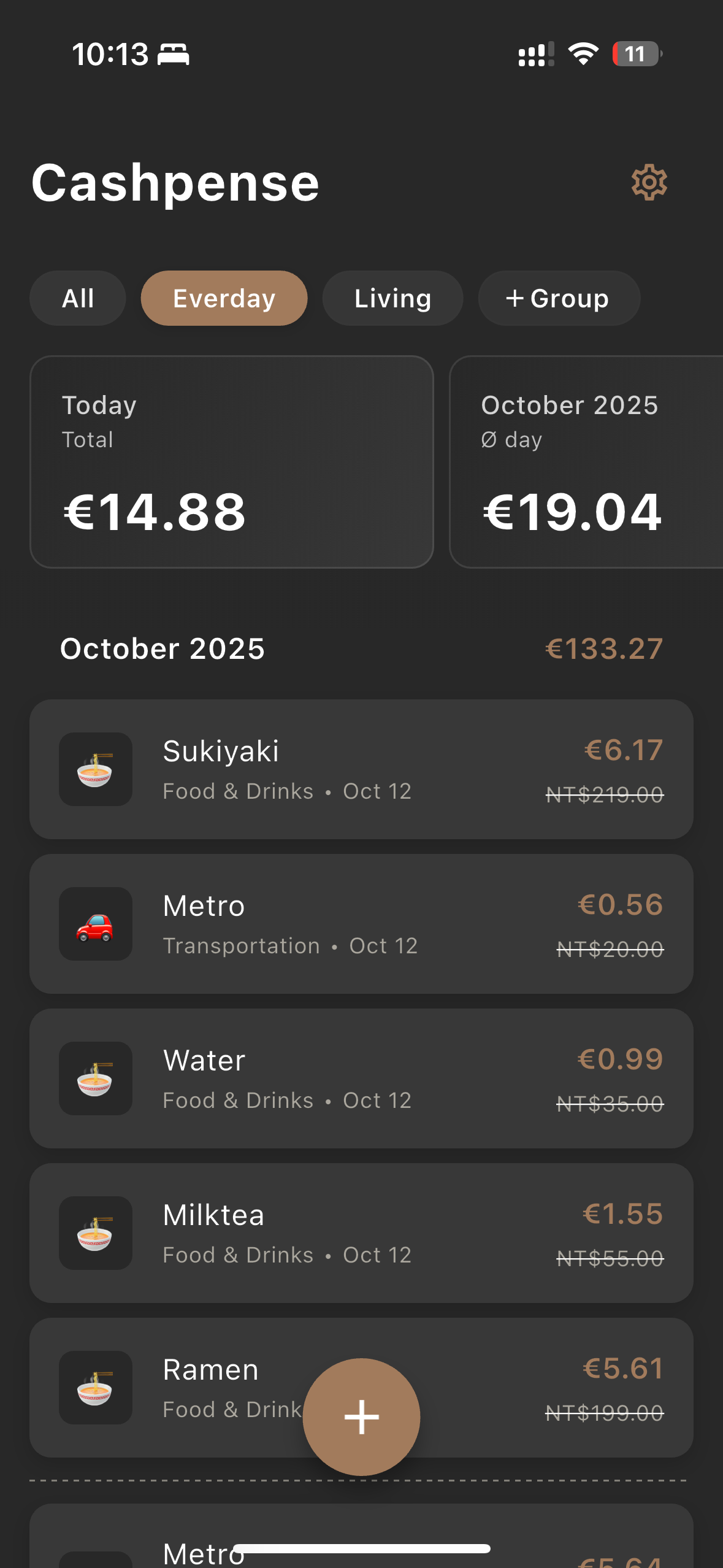 Cashpense mobile dashboard showing multi-currency overview